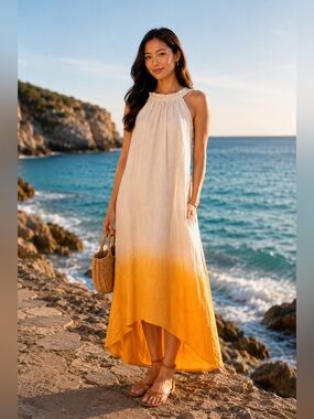 Puro Lino 100% Linen Made in Italy high and low Chic Ombre Maxi Dress